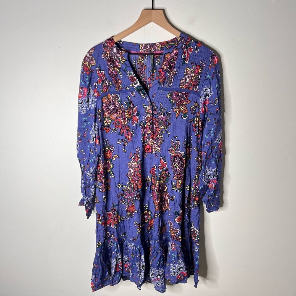 Anthropologie Diana Pintucked Blue Floral Tunic Dress size Small - Picture 2 of 7
